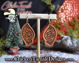 Ready to ship - Leather tooled dangle earrings