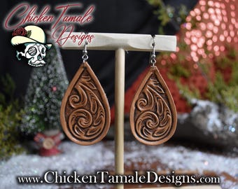 Ready to ship - Leather tooled dangle earrings