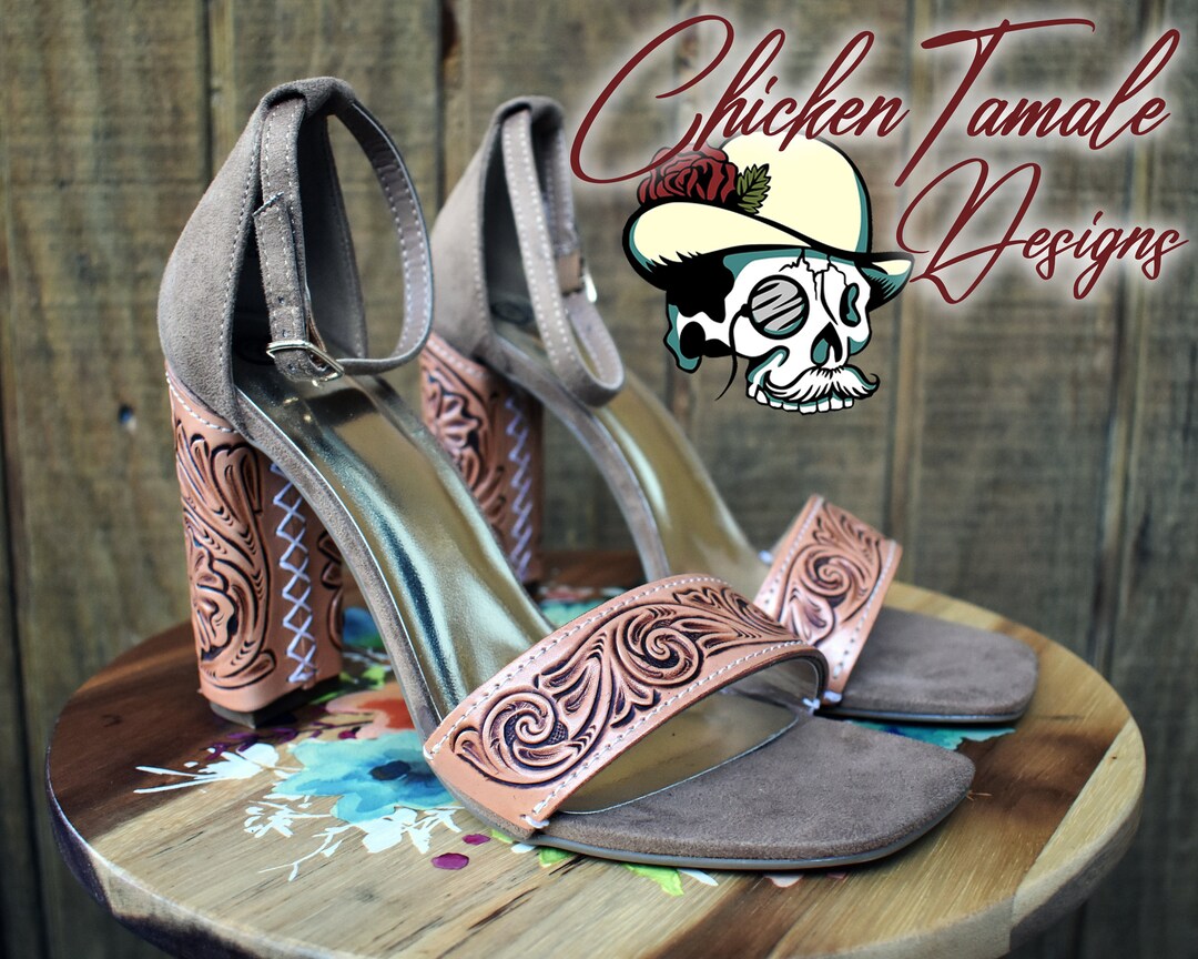 READY TO SHIP Western Heels Size 8 Tooled Wedding Heels. Bridal Shoes