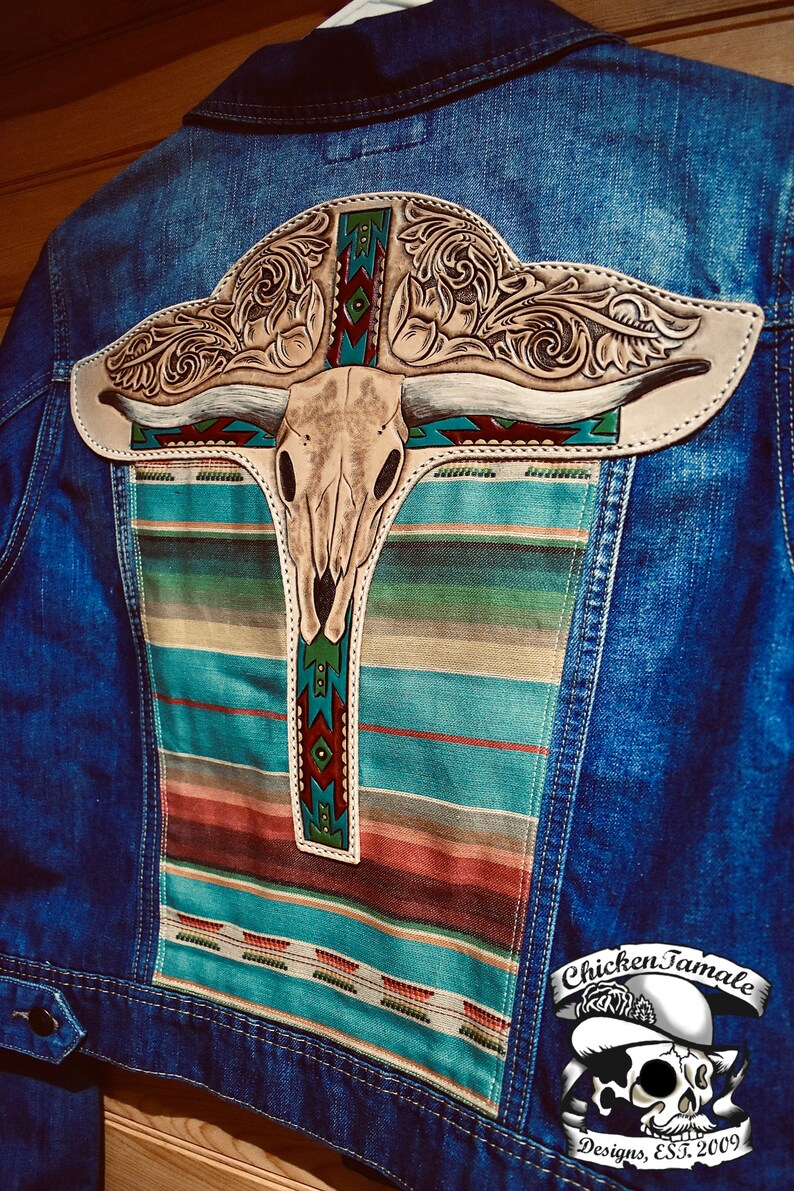 READY TO SHIP Leather Cow Skull and Serape Denim Jacket Size | Etsy
