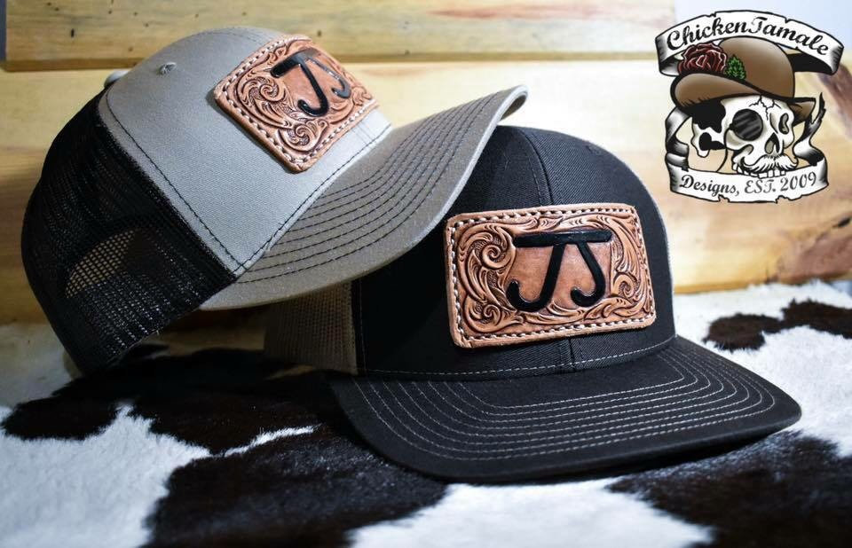 Tooled carved leather patch custom trucker cap hat Gorra