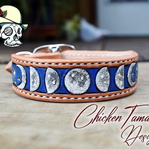 ready to ship. 10 inch Dog Collar, hand tooled moon phases
