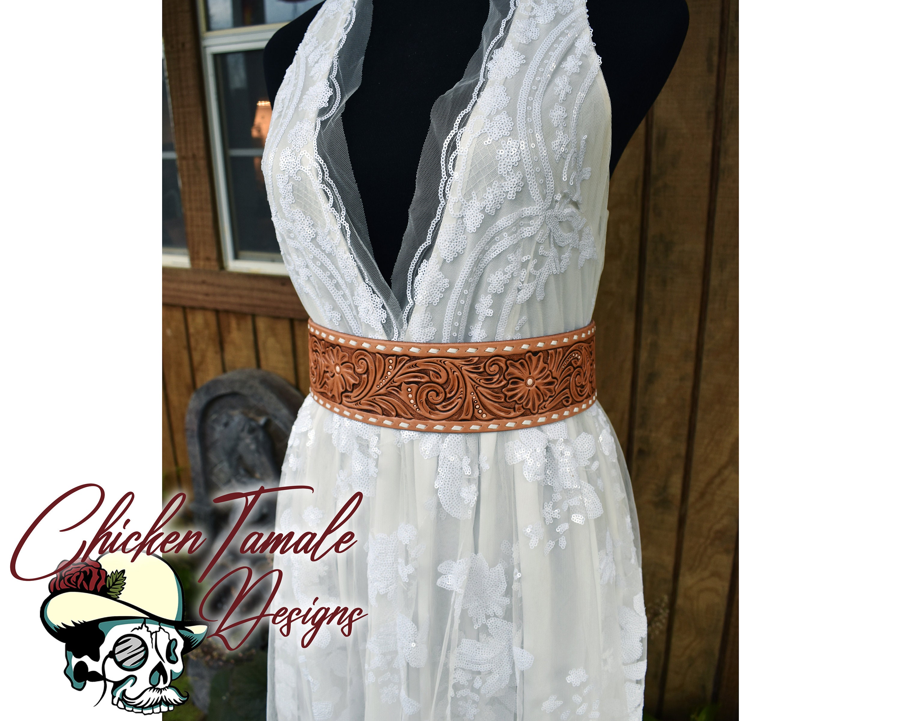 Ready to ship - Bridal belt, hand tooled leather lace cinch belt 32"-36" adjustable
