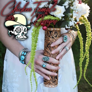 Handmade tooled leather bouquet wrap - wedding bouquet