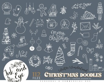 Christmas Doodles SVG Bundle, Hand Drawn Holiday SVG, Winter Line Art Clipart, Merry Xmas SVG