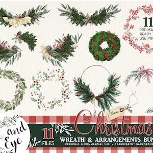 Christmas Watercolor Wreath BUNDLE - Holly Wreath PNG - Watercolor Arrangements Clipart