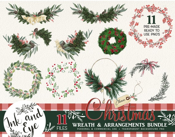 Christmas Watercolor Wreath BUNDLE - Holly Wreath PNG - Watercolor Arrangements Clipart