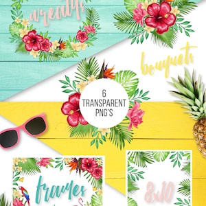 Puede incluir: Seis coronas, ramos y marcos florales tropicales con flamencos rosas, loros, piñas y flores de hibisco. Los textos "wreaths", "bouquets", "frames" y "8x10" están escritos en las imágenes.