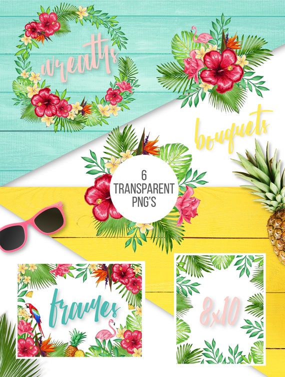 Tropical Floral Watercolor Wreath, Frames and Arrangement Clipart - Set of 6