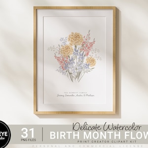 May include: A digital illustration of a watercolor bouquet of flowers in shades of yellow, pink, blue, and green. The flowers are arranged in a vase and are surrounded by a white background. The text "THE BARRETT FAMILY Jeremy, Samantha, Austin & Madison" is printed below the bouquet.