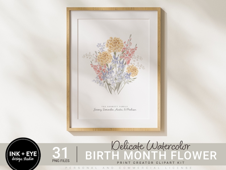 May include: A digital illustration of a watercolor bouquet of flowers in shades of yellow, pink, blue, and green. The flowers are arranged in a vase and are surrounded by a white background. The text "THE BARRETT FAMILY Jeremy, Samantha, Austin & Madison" is printed below the bouquet.