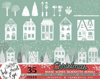 Christmas Houses SVG, Winter Wonderland Street Clip Art, Holiday House Silhouette PNG
