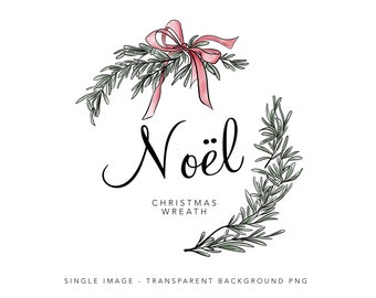 Watercolor and Ink Christmas Wreath with bow - Single PNG Clipart