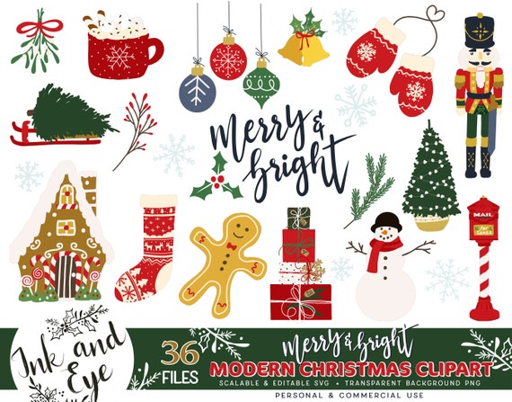 Modern Christmas Clipart, Cute Christmas Digital Doodles SVG, Christmas Icons PNG