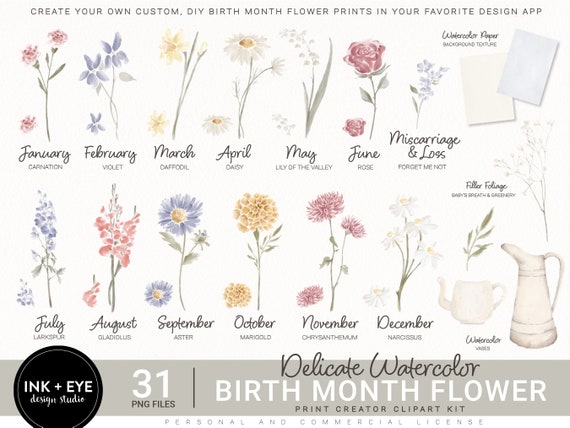 Watercolor Birth Month Flower Clipart, Floral PNG bundle, DIY Birth Month Flower Print Creator Kit, Flower Graphic, Botanical Clipart