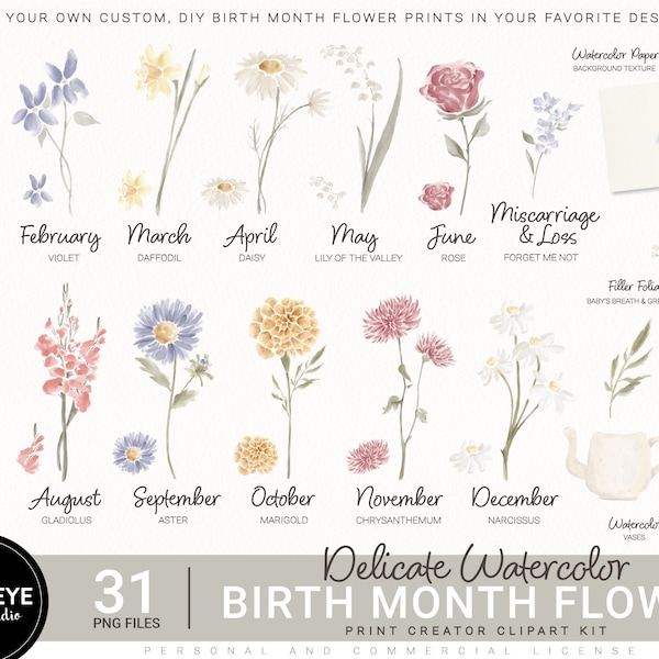 Watercolor Birth Month Flower Clipart, Floral PNG bundle, DIY Birth Month Flower Print Creator Kit, Flower Graphic, Botanical Clipart