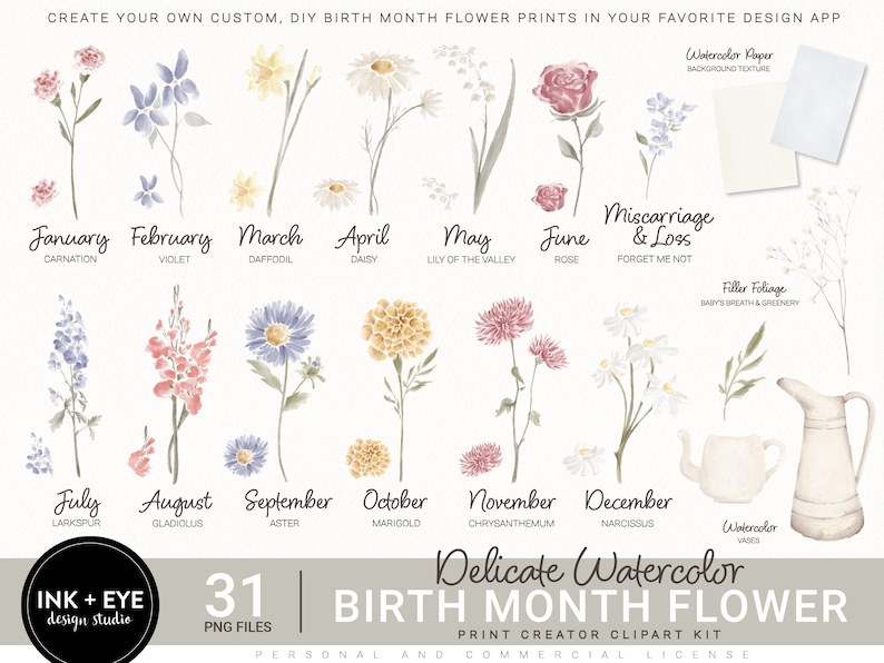 May include: A digital illustration of watercolor flowers representing each month of the year. The flowers are arranged in a grid with the month and flower name below each image. The text "Delicate Watercolor Birth Month Flower" is at the bottom of the image.
