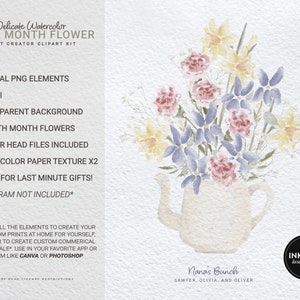 May include: A watercolor illustration of a bouquet of flowers in a teapot. The flowers are in shades of pink, yellow, and blue. The teapot is white with a light brown watercolor texture. The text "Nana's Bunch Sawyer, Olivia, and Oliver" is below the teapot. The text "INK + EYE design studio" is in the upper right corner of the image.