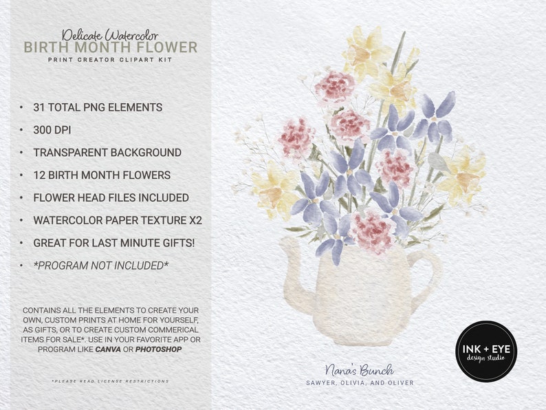 May include: A watercolor illustration of a bouquet of flowers in a teapot. The flowers are in shades of pink, yellow, and blue. The teapot is white with a light brown watercolor texture. The text "Nana's Bunch Sawyer, Olivia, and Oliver" is below the teapot. The text "INK + EYE design studio" is in the upper right corner of the image.