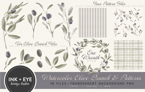 Watercolor Greenery PNG, Olive Branch Clipart, Watercolor Farmhouse Patterns Clipart Wreath and Patterns PNG