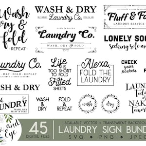 Könnte beinhalten: Ein Set mit 45 schwarzen und weißen digitalen Dateien zum Thema Wäsche in den Formaten SVG, PNG und JPEG. Die Designs beinhalten Sätze wie "Wash & Dry Laundry Co.", "Fluff & Fold Laundry Service Co.", "Lonely Socks Seeking Sole Mate", "Life is Too Short to Fold Fitted Sheets", "Alexa, Fold the Laundry", "Check Your Pockets", "Clean the Filter", "Laundry Today or Naked Tomorrow" und "Wash & Dry Repeat".