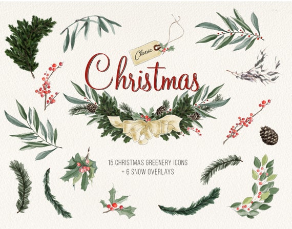 Classic Christmas Watercolor Greenery Vintage Holiday Clipart Graphic Set