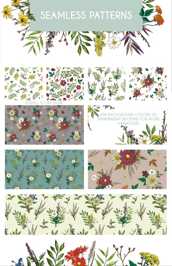 Fall Digital Scrapbook Paper - Floral Watercolor Pattern Clipart Set of 8