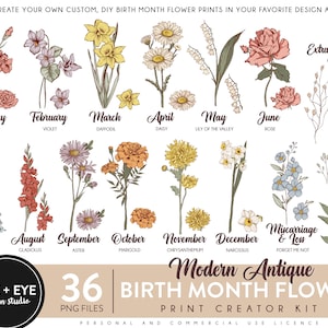 Birth Month Flowers Clipart, Antique Floral PNG bundle, DIY Birth Month Flower Print Creator Kit, Flower Graphic, Botanical Clipart image 1