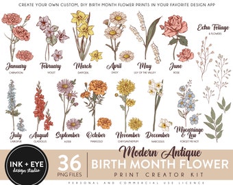Birth Month Flowers Clipart, Antique Floral PNG bundle, DIY Birth Month Flower Print Creator Kit, Flower Graphic, Botanical Clipart