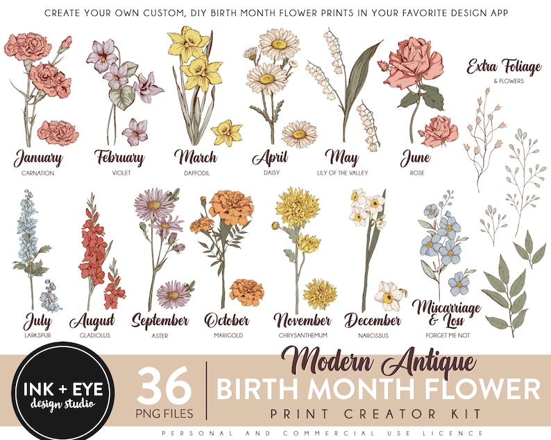 Birth Month Flowers Clipart, Antique Floral PNG bundle, DIY Birth Month Flower Print Creator Kit, Flower Graphic, Botanical Clipart image 1