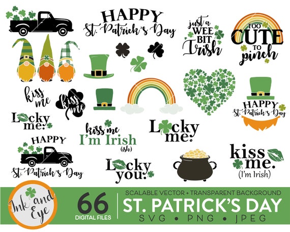 St Patrick's Day SVG Bundle - St Pattys Day T-shirt Designs - Shamrock Clover Rainbow Leprechaun PNG JPEG