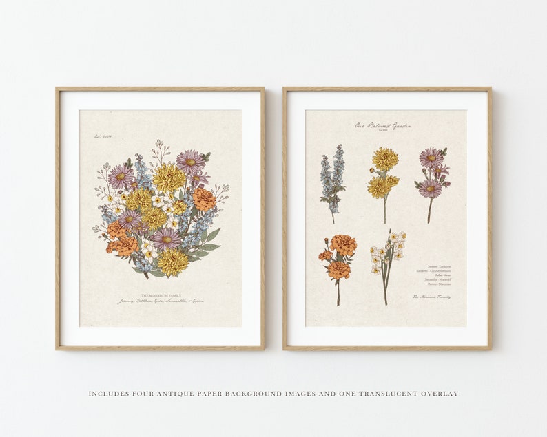 Birth Month Flowers Clipart, Antique Floral PNG bundle, DIY Birth Month Flower Print Creator Kit, Flower Graphic, Botanical Clipart image 2