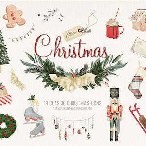 Klassieke Kerst aquarel pictogrammen Vintage vakantie clipart afbeeldingenset