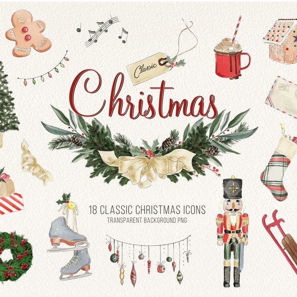 Classic Christmas Watercolor Icons Vintage Holiday Clipart Graphic Set