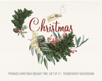 Classic Christmas Watercolor Bouquet (Set of 2) Pre-made PNG Clipart