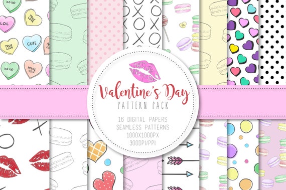 Valentine's Day Seamless Pattern Digital Paper - Set of 16 +BONUS Printable!