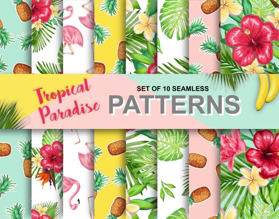 Tropical Floral Watercolor Digital Scrapbook Paper Pack - Set of 10