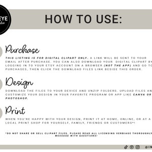 May include: A beige background with three numbered steps on how to use digital clipart. Step 1 is Purchase, Step 2 is Design, and Step 3 is Print. The text includes instructions on how to download and use the clipart.
