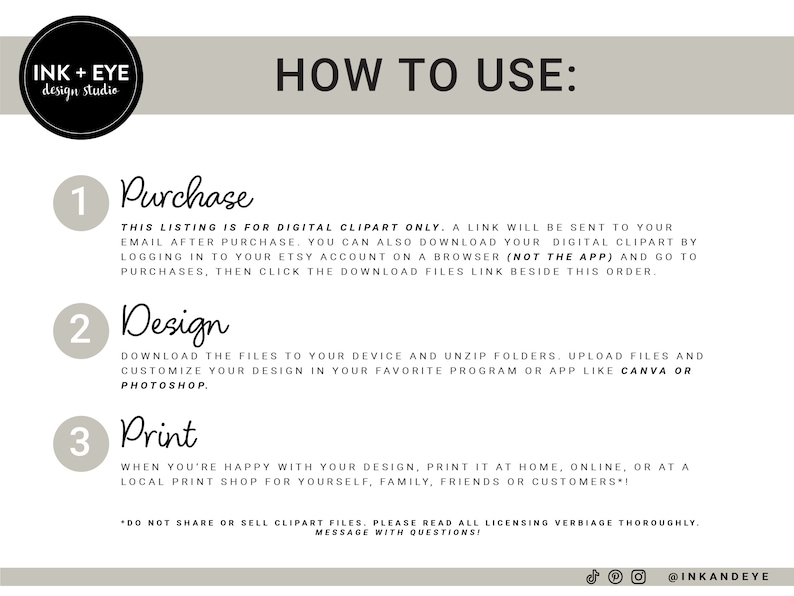 May include: A beige background with three numbered steps on how to use digital clipart. Step 1 is Purchase, Step 2 is Design, and Step 3 is Print. The text includes instructions on how to download and use the clipart.