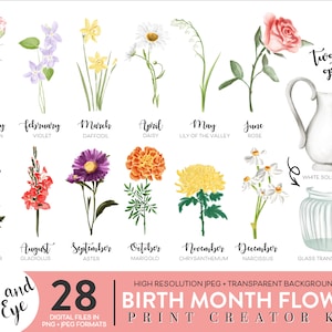 Birth Month Flowers Clipart, Watercolor Floral PNG bundle, DIY Birth Month Flower Print Creator Kit, Flower Graphic, Botanical Clipart, Jpeg