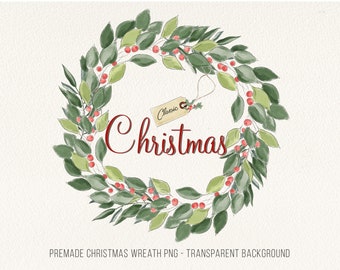 May include: Watercolor Christmas wreath with green leaves, red berries, and the word "Christmas" in a festive red script. A small tag reads "Classic". The wreath is a circular design, perfect for holiday decor.