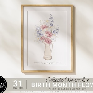May include: A digital download of 31 watercolor illustrations of flowers in a vintage pitcher. The flowers are in shades of pink, blue, and white. The text "Delicate Watercolor Birth Month Flower Print Creator Clipart Kit" is at the bottom of the image.