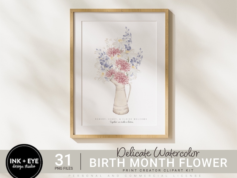 May include: A digital download of 31 watercolor illustrations of flowers in a vintage pitcher. The flowers are in shades of pink, blue, and white. The text "Delicate Watercolor Birth Month Flower Print Creator Clipart Kit" is at the bottom of the image.