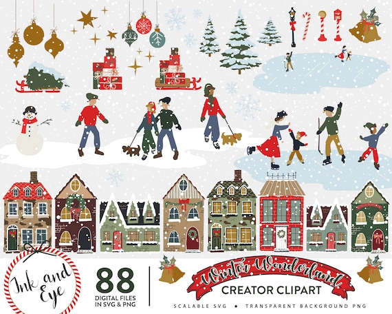 Christmas Village Scene Creator SVG, Winter Wonderland Clip Art, Christmas Doodles, Holiday House PNG