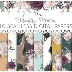 Papéis digitais sem costura em aquarela de casamento floral e verde - conjunto de 10