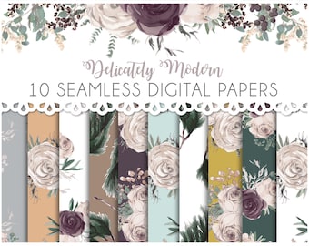 Papéis digitais sem costura em aquarela de casamento floral e verde - conjunto de 10