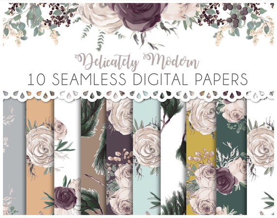 Floral and Greenery Wedding Watercolor Seamless Digital Papers - Set of 10