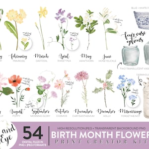 Birth Month Flower Printable Clipart, Watercolor Floral PNG bundle, DIY Birth Month Flower Print Creator, Botanical Clipart, Jpeg