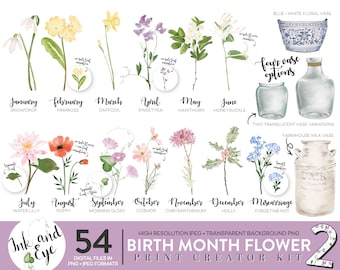 Watercolor Birth Month Flower Clipart: Floral PNG Bundle (Digital Download)