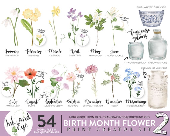 Birth Month Flower Printable Clipart, Watercolor Floral PNG bundle, DIY Birth Month Flower Print Creator, Botanical Clipart, Jpeg